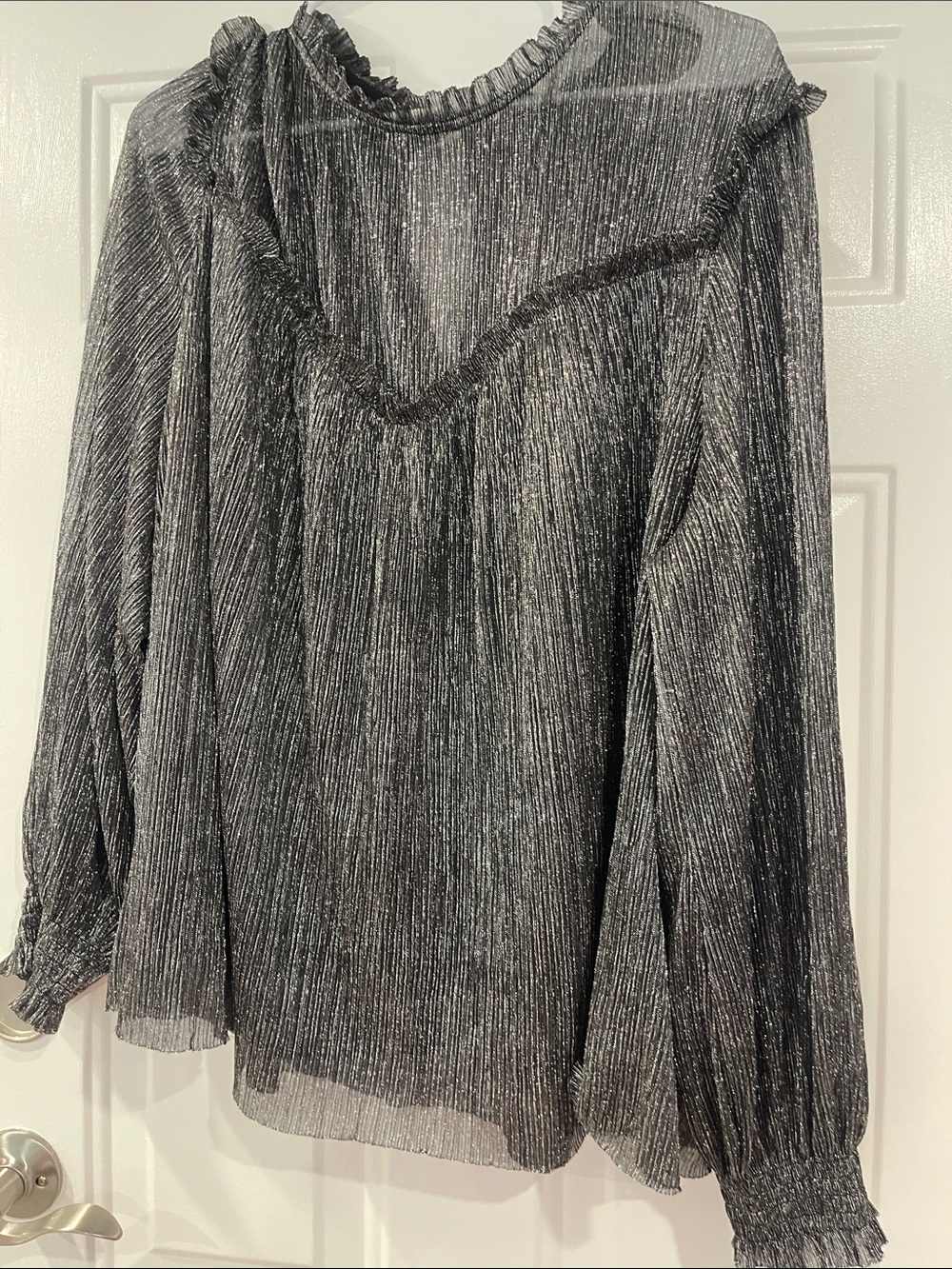 Metallic Black Ruffle Neck Long-Sleeve Blouse